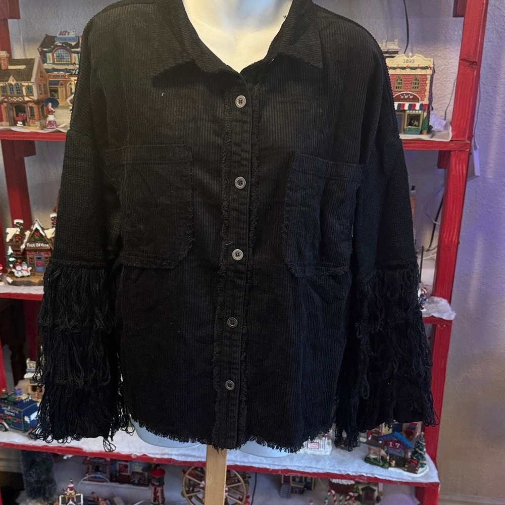 Umgee Black Corduroy Utility Jacket with Fringe